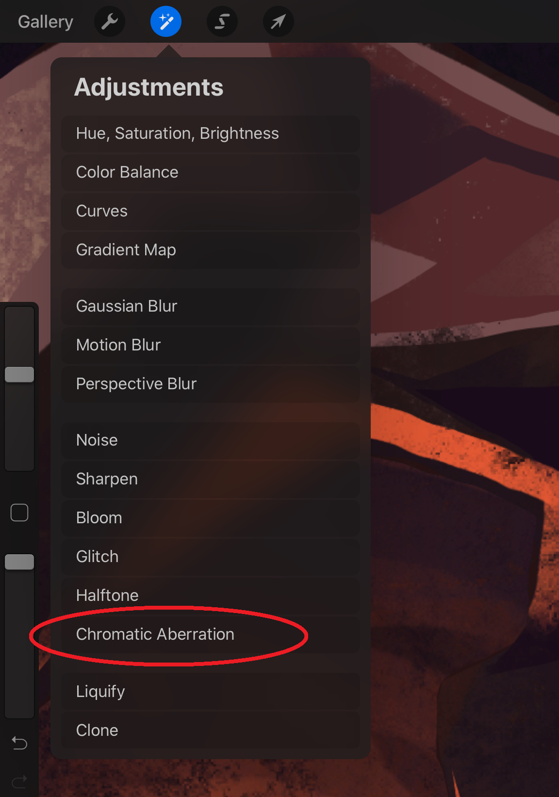 procreate chromatic aberration menu option